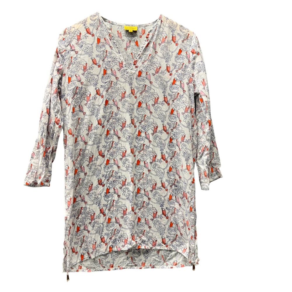 Roberta Roller Rabbit Tunic Womens Small Bello Parrot Print Coastal Pullover